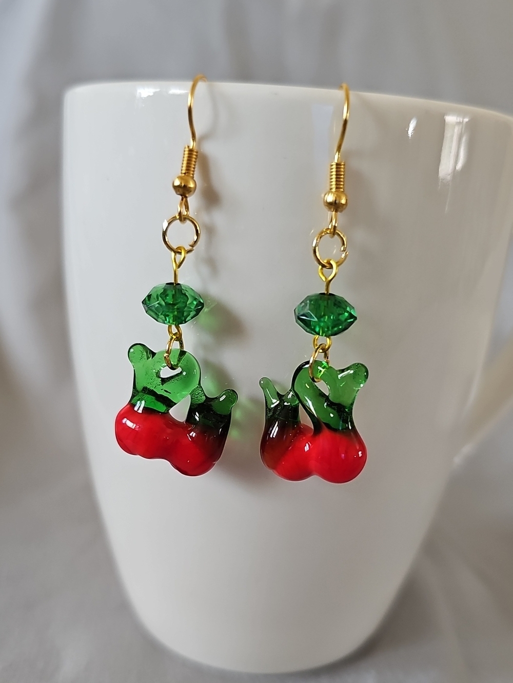 Red and Green Glass Cherry Drop Earrings